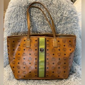 Authentic MCM cognac tote green stripe with silver hardware preowned